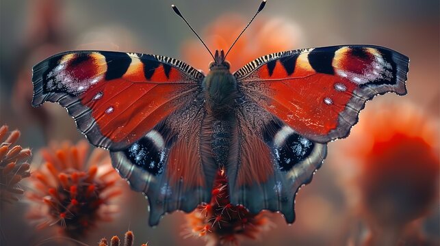   A close-up of a red and black butterfly on a flower with water droplets on its wings