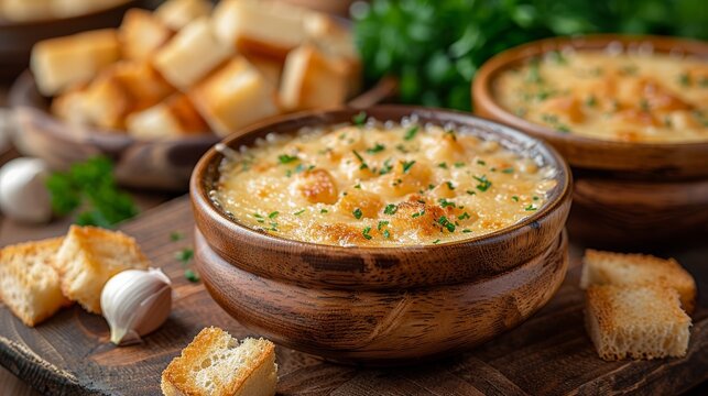   A close-up image of a bowl of soup on a cutting board with garlic bread and parsley nearby