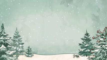 A picturesque snowy landscape featuring evergreen trees and red berry highlights under a serene winter sky
