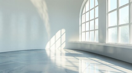 Obraz premium empty white minimal room and large windows with sunlight and shadow.