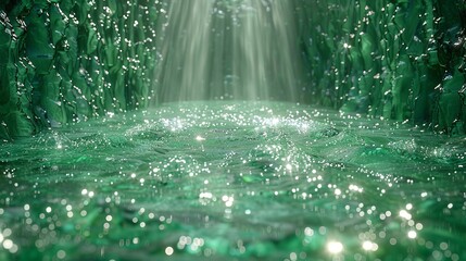   A photo of a lush green forest featuring sunlight emanating from the center and a flowing water stream originating from the same point