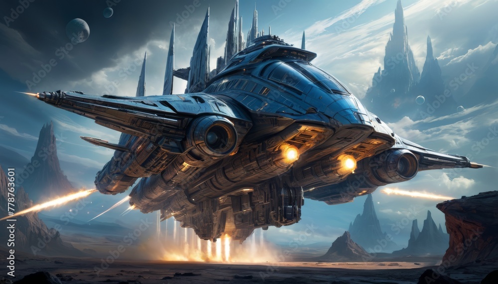 Poster a hyper-realistic digital art depicting a spaceship landing on an alien terrain with soaring spires,