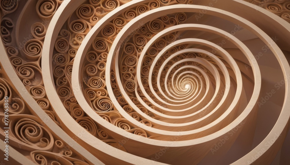 Poster an intriguing wooden spiral structure drawing viewers into its depth, ideal for concepts of infinity