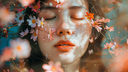 Bloom allergy concept, girl surrounded by flowers