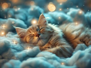 world sleep day. cat peacefully sleeping amidst fluffy clouds, with stars twinkling above and a crescent moon casting its gentle glow.