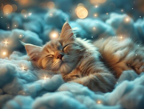 world sleep day. cat peacefully sleeping amidst fluffy clouds, with stars twinkling above and a crescent moon casting its gentle glow.