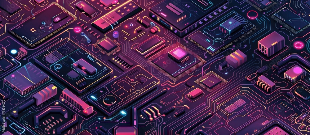 Aufkleber a close up of a computer motherboard showcasing a vibrant array of electronic components in shades o