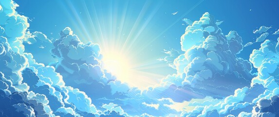 Fototapeta na wymiar Blue sky with white clouds and sun rays. Background for design, banner, poster or presentation.