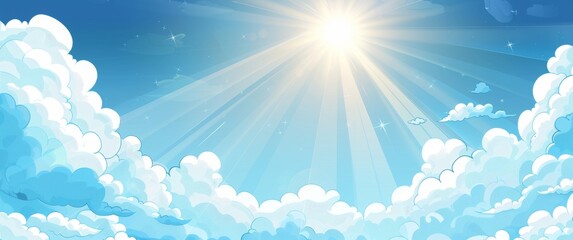 Blue sky with white clouds and sun rays. Background for design, banner, poster or presentation.
