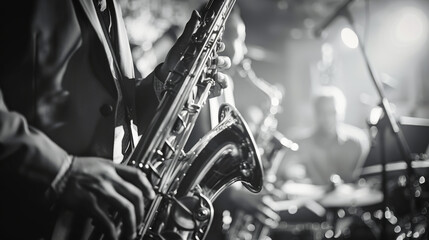 Black and white image of a jazz concert in a jazz club