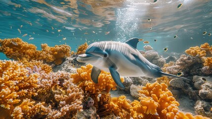 Underwater shot of a dolphin gliding effortlessly through coral reefs - obrazy, fototapety, plakaty