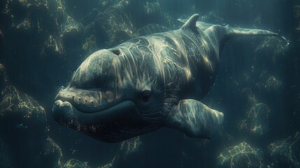 a close-up portrait of a long-finned pilot whale diving beneath the ocean's