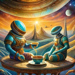 Showcase a peaceful alliance of alien civilizations meeting over a teacup - obrazy, fototapety, plakaty