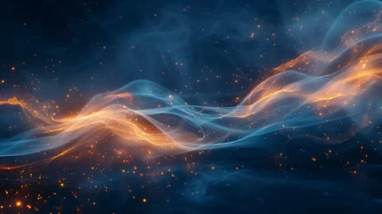 Rolgordijnen Fractale golven  A dark blue background with an orange and blue smoke wave and gold sparkles