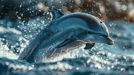 Close-up of a dolphin jumping out of the water, captured mid-air during a performance