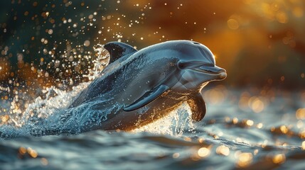 Fototapeta premium Close-up of a dolphin jumping out of the water, captured mid-air during a performance
