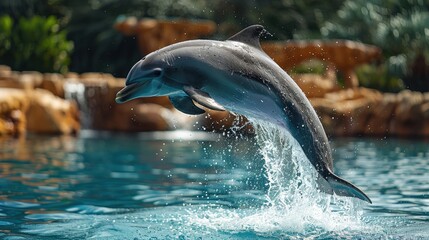 Naklejka premium Close-up of a dolphin jumping out of the water, captured mid-air during a performance