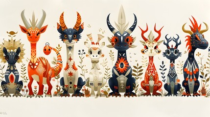 Eclectic Collection of Fantastical Creatures in Vibrant Scandinavian Folk Art Style - obrazy, fototapety, plakaty