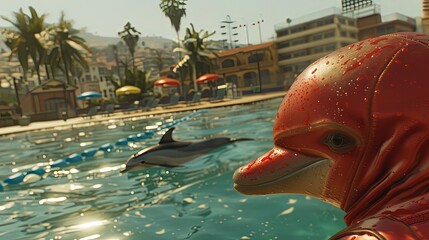 Dolphin trainer interacting with a dolphin during a training session at an aquatic park