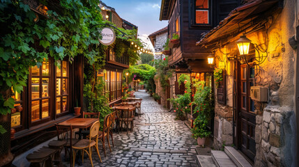 Fototapeta premium An old tavern on an old narrow paved street in a lovely old town in the evening