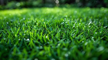   A close-up photo of dewy grass blades with trees in the background - obrazy, fototapety, plakaty