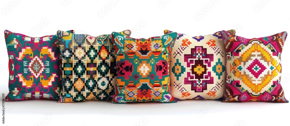 Poster a row of vibrant pillows with different patterns and colors arranged symmetrically on a white surfac