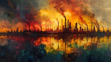Dystopian Industrial Landscape Reflecting Fiery Ecological Disaster Amidst Expressionistic Smoky Chaos