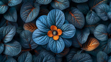   A detailed shot of an azure and scarlet blossom encircled by lush emerald and chestnut foliage against a dark backdrop - obrazy, fototapety, plakaty