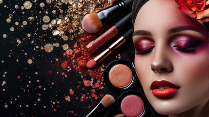 Beautiful woman face, professional makeup. Makeup in progress