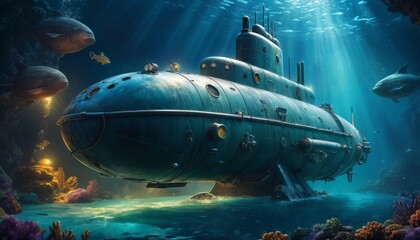 Fototapeta premium A colossal submarine rests on an ocean floor amidst a vibrant coral reef, surrounded by curious aquatic life, inviting imagination to an underwater odyssey.. AI Generation