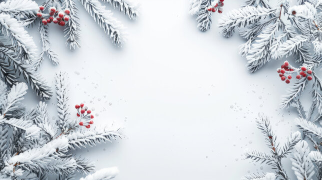 A winter-themed frame created by snow-laden branches and red berries, perfect for festive occasions