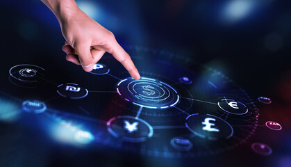 Concept of international currency market. World currencies icons