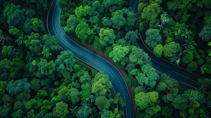 Top-down view of a flat road winding through a dense forest, showcasing a picturesque landscape