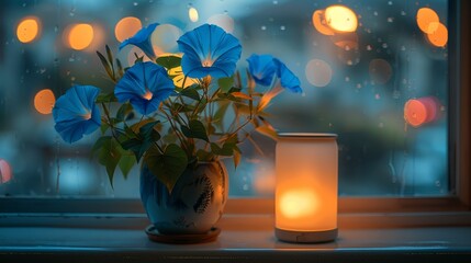   A blue vase with flowers sits atop a lit candle on a windowsill