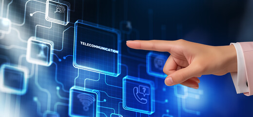 Telecommunication concept. Clicking on the 3D telecommunications icon. Technology Network