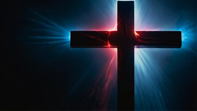 Cross on plain black background with blue and red light flares from Generative AI