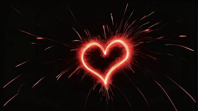 Heart shaped trail of red sparkler light with sparks and particles on plain black background from Generative AI