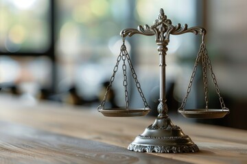 Vintage Scales of Justice on Wooden Table - obrazy, fototapety, plakaty