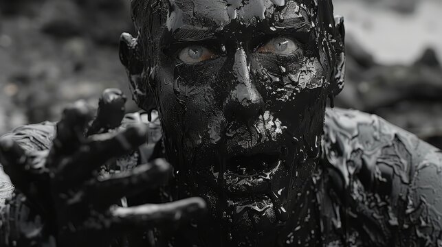   A monochrome image depicts a man with mud covering his face and hands