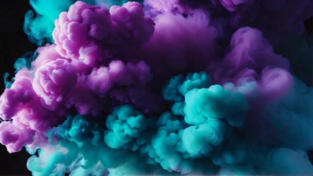 Teal Blue to Royal Purple color gradient texture surface of cloudy puffs of smoke with dramatic backlighting backdrop on plain black background from Generative AI
