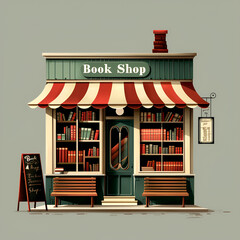 A charming vector illustration of a classic bookshop facade with warm, inviting colors, showcasing an array of books and a welcoming storefront