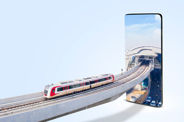Collage photo of a monorail heading to a station on a big phone screen