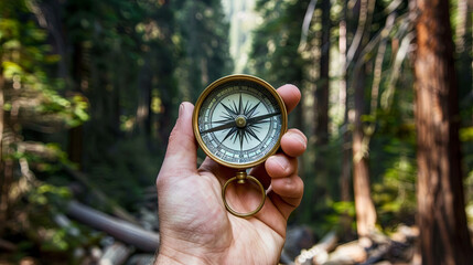 A compass, clutched in the hands of a forest, serves as a tool for determining the direction relative to the main geographical landmarks - obrazy, fototapety, plakaty