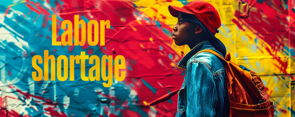 Bold graphic design highlighting the pressing issue of labor shortage with stark contrast and dynamic lines, indicative of economic challenges and employment crisis