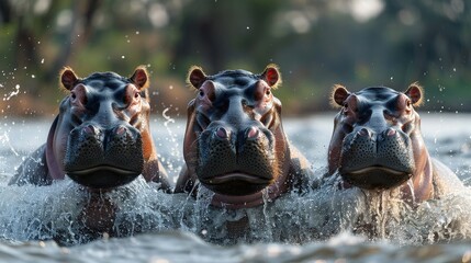 Fototapeta premium Hippo soaking in water. Hippopotamus looking at the camera.