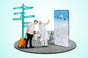 Collage image of Young happy family and travel suitcase