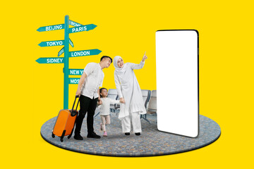 happy family and travel suitcase standing in front of blank big smartphone screen