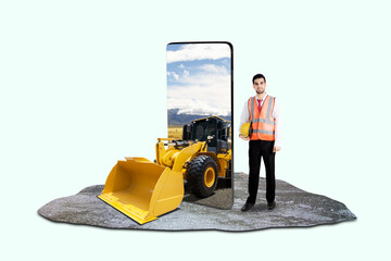 Handsome engineer standing next to an excavator on big smartphone screen