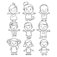 well hand drawing cute kids set doodle style illustration black color only