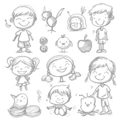 well hand drawing cute kids set doodle style illustration black color only